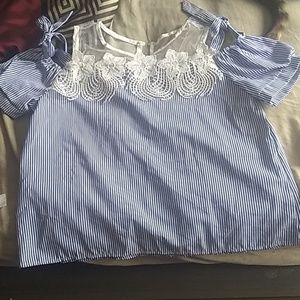 Blue stripes blouse top lace fabric
